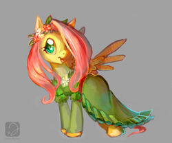 Size: 921x766 | Tagged: safe, artist:erinliona, fluttershy, pegasus, pony, clothes, coronation dress, cute, dress, female, floral head wreath, flower, gray background, hair over one eye, head turn, mare, open mouth, shyabetes, simple background, smiling, solo, spread wings, standing, stray strand, wings