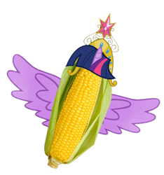 Size: 990x1057 | Tagged: safe, derpibooru import, twilight sparkle, twilight sparkle (alicorn), alicorn, a corn drama, acorn drama, alicorn drama, big crown thingy, corn, element of magic, food, jewelry, pun, regalia, simple background, solo, spread wings, wat, white background