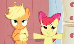 Size: 568x336 | Tagged: safe, edit, edited screencap, screencap, apple bloom, applejack, earth pony, pony, apple family reunion, bed, female, filly, inverted mouth, mare, on back, out of context, pillow