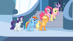 Size: 1365x768 | Tagged: safe, derpibooru import, screencap, applejack, fluttershy, pinkie pie, rainbow dash, rarity, twilight sparkle, earth pony, pegasus, pony, unicorn, the crystal empire, mane six