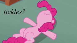 Size: 1280x720 | Tagged: safe, pinkie pie, earth pony, pony, belly, bellyrubs, image macro, text, tickling