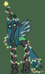 Size: 1008x1660 | Tagged: safe, artist:typhwosion, queen chrysalis, changeling, changeling queen, :c, christmas, christmas lights, crown, floppy ears, frown, green background, holiday, jewelry, queen chrysalis is not amused, regalia, simple background, solo, stars, unamused