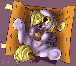Size: 1396x1200 | Tagged: safe, artist:atryl, derpy hooves, pegasus, pony, belly button, box, cardboard box, cute, female, mare, muffin, package, packing peanuts, pony in a box, sfw edit, solo, tongue out