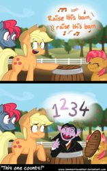 Size: 1396x2218 | Tagged: safe, artist:somnias, apple split, applejack, babs seed, earth pony, pony, apple family reunion, apple family member, comic, count von count, raise this barn, sesame street