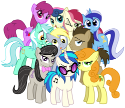 Size: 8000x6944 | Tagged: safe, artist:andypriceart, artist:masem, idw, berry punch, berryshine, bon bon, carrot top, derpy hooves, dj pon-3, doctor whooves, golden harvest, lyra heartstrings, minuette, octavia melody, roseluck, sweetie drops, vinyl scratch, earth pony, pegasus, pony, unicorn, absurd resolution, background pony, background six, background ten, bowtie, cutie mark, female, hooves, horn, idw showified, male, mare, one eye closed, open mouth, simple background, smiling, stallion, sunglasses, tongue out, transparent background, vector, wink