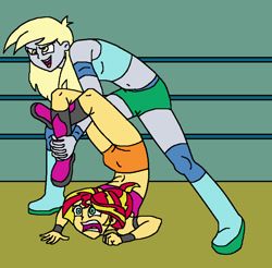 Size: 806x792 | Tagged: safe, artist:avispaneitor, derpy hooves, sunset shimmer, equestria girls, backbend, belly button, chest stand, clothes, cloverleaf (wrestling hold), flexible, midriff, pain, sports bra, submission, submission hold, sunset screamer, wrestling, wrestling ring