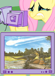 Size: 563x771 | Tagged: safe, fluttershy, dinosaur, pegasus, pony, crying, exploitable meme, extinction, fluttercry, meme, meteor, meteorite, tv meme