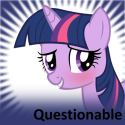 Size: 250x250 | Tagged: safe, derpibooru import, twilight sparkle, blushing, grin, meta:questionable, official spoiler image, smiling, solo, spoilered image joke