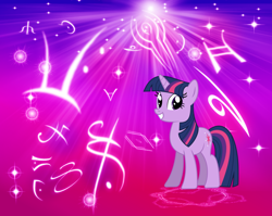 Size: 932x742 | Tagged: safe, artist:captrainbows, artist:morningstar-1337, derpibooru import, twilight sparkle, unicorn twilight, unicorn, grin, smiling, solo, symbol, symbols