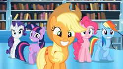 Size: 1365x768 | Tagged: safe, derpibooru import, screencap, applejack, pinkie pie, rainbow dash, rarity, earth pony, pegasus, pony, unicorn, the crystal empire, awkward smile