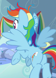 Size: 479x668 | Tagged: safe, derpibooru import, screencap, rainbow dash, pegasus, pony, secrets and pies, bedroom, female, flying, mare, messy mane, plot, solo, spread wings, wings