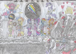 Size: 2474x1757 | Tagged: safe, artist:nephilim rider, derpibooru import, applejack, fluttershy, pinkie pie, rainbow dash, rarity, sci-twi, sunset shimmer, twilight sparkle, oc, oc:heaven lost, equestria girls, ponied up, traditional art, twolight