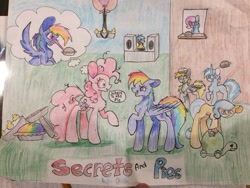 Size: 564x423 | Tagged: safe, artist:haillee, derpibooru import, derpy hooves, dj pon-3, evil pie hater dash, lyra heartstrings, pinkie pie, rainbow dash, tank, vinyl scratch, earth pony, hamster, pegasus, pony, unicorn, secrets and pies, crazy eyes, eye beams, female, mare, rainbow blueberry pie, rainbow pie, thought bubble, traditional art, vet