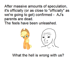 Size: 648x512 | Tagged: safe, applejack, earth pony, pony, applejack's parents, dem feels, meta, text