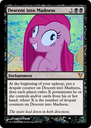 Size: 375x523 | Tagged: safe, madame leflour, pinkie pie, sir lintsalot, earth pony, pony, party of one, avacyn restored, card, contemplating insanity, insanity face, magic the gathering, pinkamena diane pie