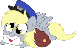 Size: 5000x3140 | Tagged: safe, artist:stepandy, derpy hooves, pegasus, pony, absurd resolution, bag, blushing, cute, derpabetes, female, hat, letter, mail, mailbag, mare, mouth hold, simple background, solo, transparent background, vector