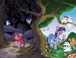 Size: 1000x771 | Tagged: safe, artist:tonyfleecs, derpibooru import, idw, angel bunny, opalescence, twilight sparkle, alice in wonderland, cheshire cat, clean, little red riding hood, mushroom, official, parody