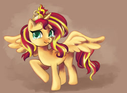 Size: 882x644 | Tagged: safe, artist:faycoon, sunset shimmer, alicorn, pony, crying, good end, race swap, raised hoof, shimmercorn, solo, spread wings