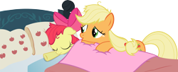 Size: 6048x2466 | Tagged: safe, artist:sunran80, apple bloom, applejack, earth pony, pony, apple family reunion, bed, butt touch, eyes closed, female, filly, hoof on butt, mare, pillow, simple background, transparent background, vector