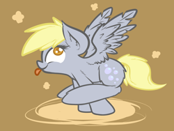 Size: 2400x1800 | Tagged: safe, artist:oblivinite, derpy hooves, pony, :p, balancing, cute, fluffy, raised leg, silly, silly pony, smiling, solo, spread wings, tongue out