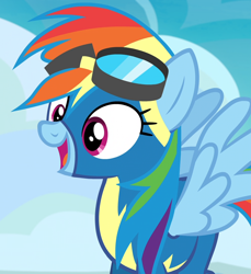 Size: 990x1080 | Tagged: safe, derpibooru import, screencap, rainbow dash, pegasus, pony, secrets and pies, clothes, cropped, cute, dashabetes, female, goggles, happy, mare, open mouth, smiling, solo, spread wings, uniform, wings, wonderbolts uniform