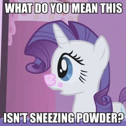 Size: 360x360 | Tagged: safe, rarity, pony, unicorn, female, image macro, mare, purple mane, solo, text, white coat