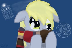 Size: 1021x685 | Tagged: safe, artist:cyrix-s, derpy hooves, pegasus, pony, clothes, doctor derpy, doctor who, female, fourth doctor's scarf, gallifreyan, mare, scarf