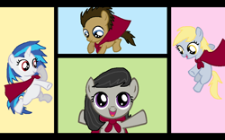 Size: 1024x640 | Tagged: safe, artist:elzian-pie, derpy hooves, dj pon-3, doctor whooves, octavia melody, vinyl scratch, earth pony, pony, one bad apple, cape, clothes, colt, cutie mark crusaders, filly, younger