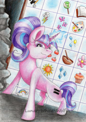 Size: 2406x3408 | Tagged: safe, artist:lunar-white-wolf, starlight glimmer, pony, unicorn, the cutie map, cavern, cutie mark, cutie mark vault, equal cutie mark, evil, female, glowing horn, looking at you, magic, mare, solo, traditional art