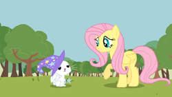 Size: 1366x768 | Tagged: safe, artist:rainb0wdashie, angel bunny, fluttershy, pegasus, pony, female, mare, trixie's hat