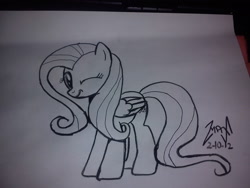 Size: 2592x1944 | Tagged: safe, artist:maxnuel, fluttershy, pegasus, pony, one eye closed, solo, traditional art, wink