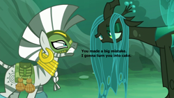 Size: 1280x720 | Tagged: safe, edit, edited screencap, screencap, queen chrysalis, zecora, changeling, changeling queen, pony, zebra, the cutie re-mark, alternate timeline, chrysalis resistance timeline, everfree forest, female, forest, meme, resistance leader zecora, threat, transmogrification, u mad