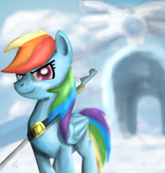 Size: 2000x2100 | Tagged: safe, artist:phendyl, derpibooru import, rainbow dash, pegasus, pony, cloud, high res, solo, sword, weapon