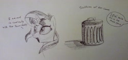 Size: 3951x1872 | Tagged: safe, artist:itsthinking, idw, sunset shimmer, pony, canon, comic drama, drama, equestria girls drama, idw canon drama, monochrome, mouthpiece, traditional art, trash can