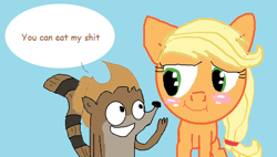 Size: 500x283 | Tagged: safe, applejack, earth pony, pony, background pony strikes again, crossover, eat shit, ms paint, poop, poop eating, regular show, rigby, scat, vulgar