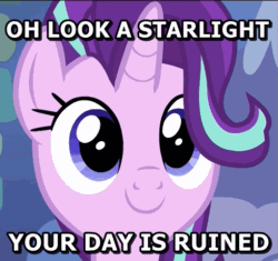 Size: 511x480 | Tagged: safe, edit, edited screencap, screencap, starlight glimmer, pony, unicorn, blue eyes, c:, cute, drama, female, glimmerbetes, hair flip, hair over one eye, horn, mare, metadrama, op is a cuck, op is trying to start shit, op started shit, smiling, solo, starlight drama, starlight drama drama, text, your day is ruined