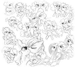 Size: 965x877 | Tagged: safe, artist:pinkablue, derpibooru import, pinkie pie, rainbow dash, earth pony, pegasus, pony, doodle, duo, female, grayscale, heart, hug, kissing, lesbian, mare, monochrome, pinkiedash, shipping, simple background, smiling, white background