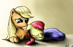 Size: 3000x1917 | Tagged: safe, artist:neko-me, apple bloom, applejack, earth pony, pony, blanket, loose hair, sleeping