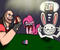 Size: 979x816 | Tagged: safe, artist:icebreak23, pinkie pie, earth pony, pony, crossover, heavy weapons guy, max, poker, poker night at the inventory, sam and max, team fortress 2