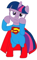 Size: 702x1139 | Tagged: safe, artist:ajshim, derpibooru import, twilight sparkle, bipedal, clothes, cosplay, costume, solo, superman