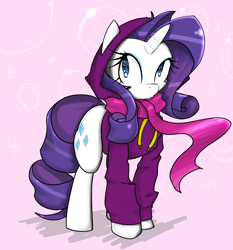 Size: 1280x1375 | Tagged: safe, artist:acharmingpony, rarity, pony, unicorn, clothes, cute, female, hoodie, mare, pink background, raribetes, scarf, simple background, solo