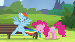 Size: 1920x1080 | Tagged: safe, derpibooru import, screencap, pinkie pie, rainbow dash, earth pony, pegasus, pony, testing testing 1-2-3, biting, tail, tail bite, tail pull