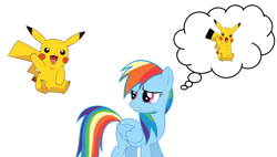 Size: 1334x760 | Tagged: safe, derpibooru import, rainbow dash, pegasus, pikachu, pony, mandela effect, obligatory pony, pokémon, simple background, white background