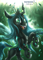 Size: 1980x2760 | Tagged: safe, artist:shad0w-galaxy, queen chrysalis, changeling, changeling queen, cute, cutealis, female, forest, green background, horn, laughing, leaves, mare, patreon, simple background, solo, tongue out, wings