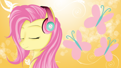 Size: 2134x1200 | Tagged: safe, artist:avareq, fluttershy, pegasus, pony, female, headphones, mare, wallpaper