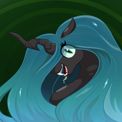 Size: 1181x1181 | Tagged: safe, artist:dyonys, queen chrysalis, changeling, changeling queen, bust, drool, drool string, fangs, female, looking at you, simple background, tongue out