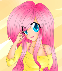 Size: 1300x1500 | Tagged: safe, artist:iikiui, fluttershy, human, clothes, humanized, looking at you, smiling, solo, tattoo