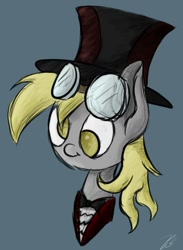 Size: 733x1002 | Tagged: safe, artist:raindropsthedeviant, derpy hooves, pegasus, pony, female, goggles, hat, mare, solo, top hat