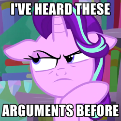 Size: 720x720 | Tagged: safe, edit, edited screencap, screencap, starlight glimmer, pony, unicorn, the crystalling, caption, cropped, floppy ears, image macro, meme, reaction image, solo