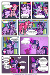 Size: 1024x1536 | Tagged: safe, artist:yogfan, pinkie pie, starlight glimmer, twilight sparkle, twilight sparkle (alicorn), alicorn, earth pony, pony, comic:but i do now, book, comic, magic, swirly eyes, twilight's castle